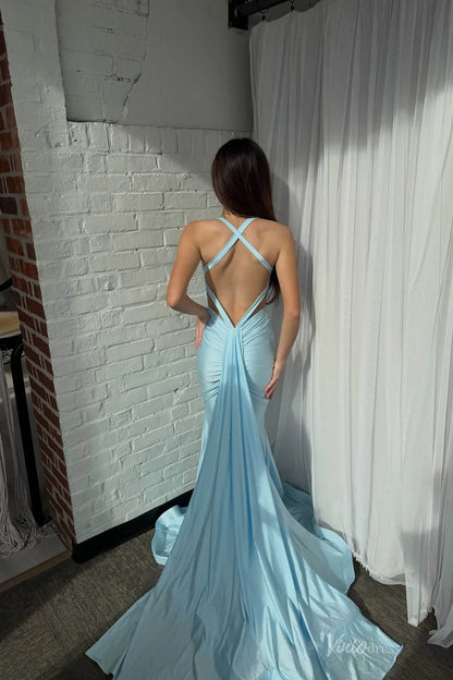 Blush Pink Plunging V-Neck Mermaid Prom Dress with Open Back & Draped Train – SS157-prom dresses 2026-Viniodress-Blush-Custom Size-