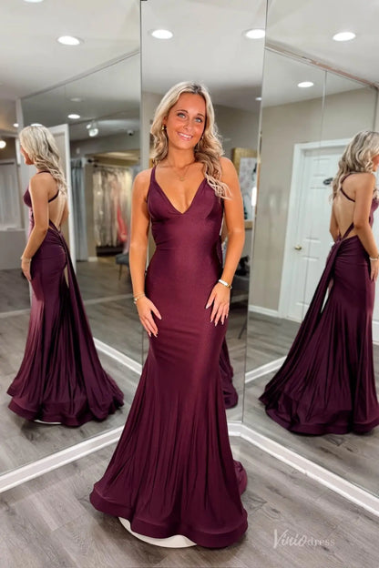 Blush Pink Plunging V-Neck Mermaid Prom Dress with Open Back & Draped Train – SS157-prom dresses 2026-Viniodress-Burgundy-Custom Size-