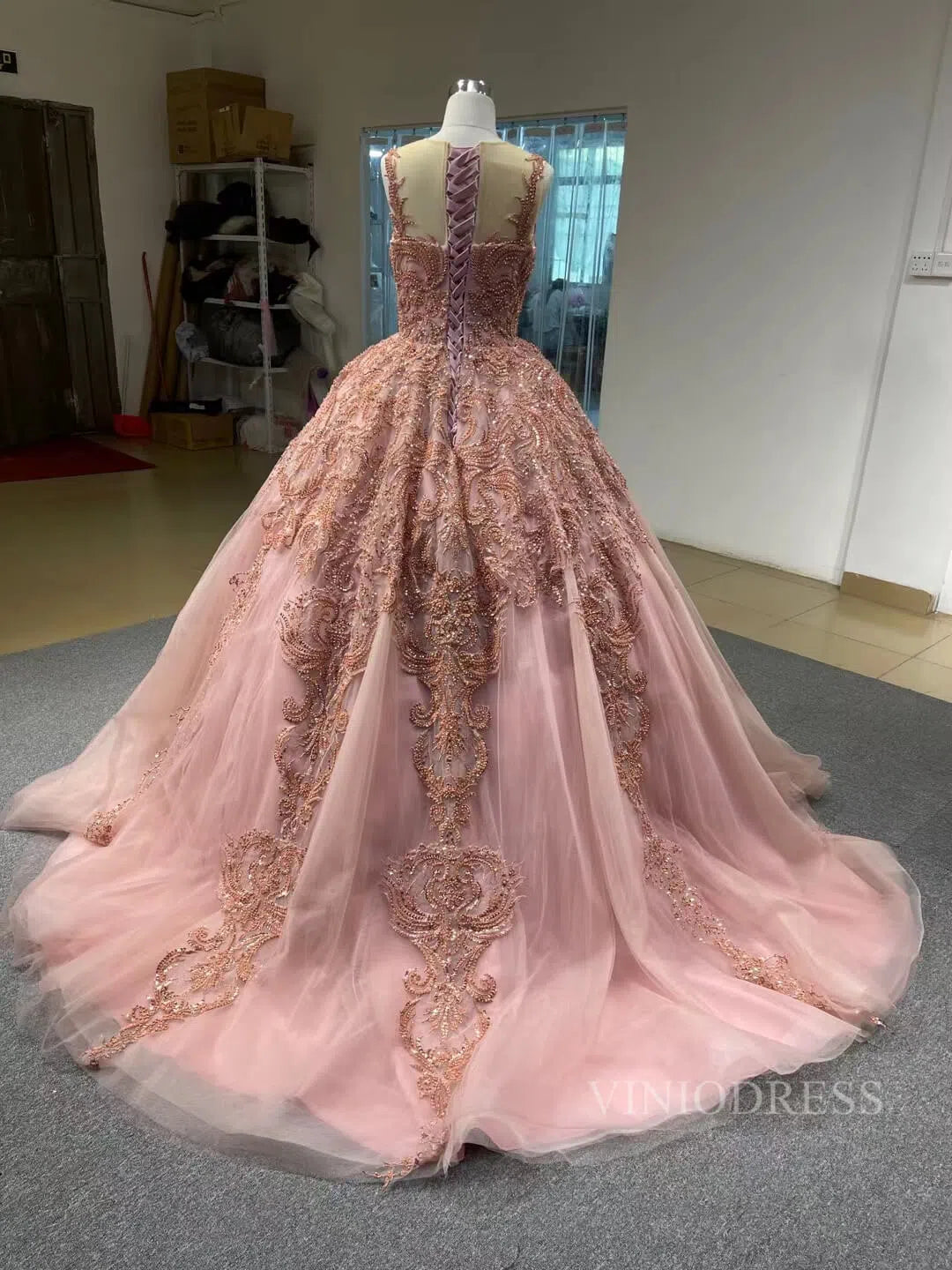 Blush Pink Princess Sweet 16 Ball Gown Beaded Prom Dresses viniodress-Quinceanera Dresses 2025 -Viniodress-Blush Pink-US2-