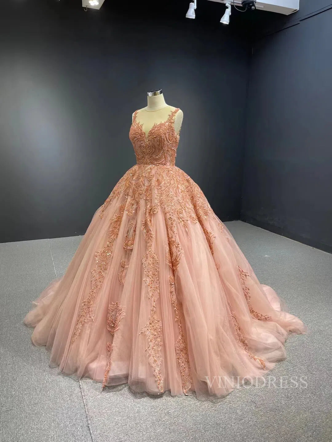 Blush Pink Princess Sweet 16 Ball Gown Beaded Prom Dresses viniodress-Quinceanera Dresses 2025 -Viniodress-Blush Pink-US2-
