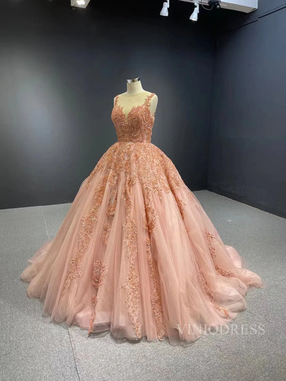 Blush Pink Princess Sweet 16 Ball Gown Beaded Prom Dresses viniodress-Quinceanera Dresses 2025 -Viniodress-Blush Pink-US2-