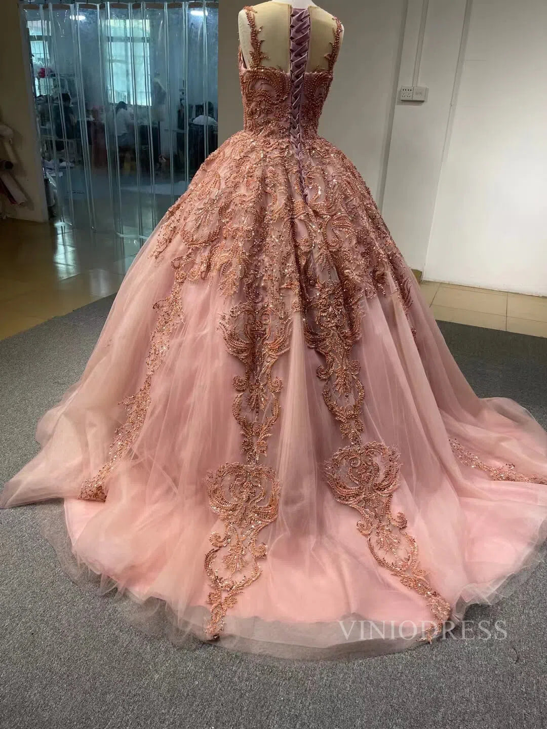 Blush Pink Princess Sweet 16 Ball Gown Beaded Prom Dresses viniodress-Quinceanera Dresses 2025 -Viniodress-Blush Pink-US2-
