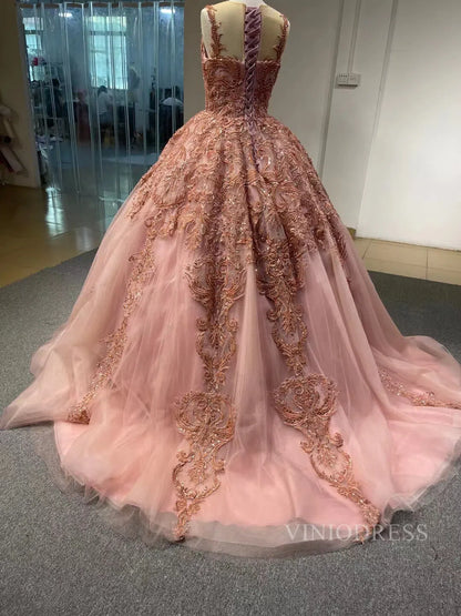 Blush Pink Princess Sweet 16 Ball Gown Beaded Prom Dresses viniodress-Quinceanera Dresses 2025 -Viniodress-Blush Pink-US2-