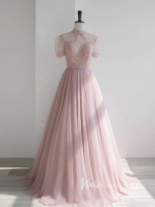 Prom Dress 2025 Blush Pink Puffed Prom Dresses High Neck Sequin Evening Dress FD3087-unique prom dresses-Blush Pink-Custom Size-Viniodress