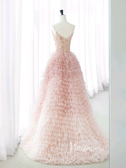 Blush Pink Ruffled Prom Dresses Beaded Spaghetti Strap Ombre Wedding Dresses FD3414-prom dresses 2025 -Viniodress-Blush Pink-Custom Size-