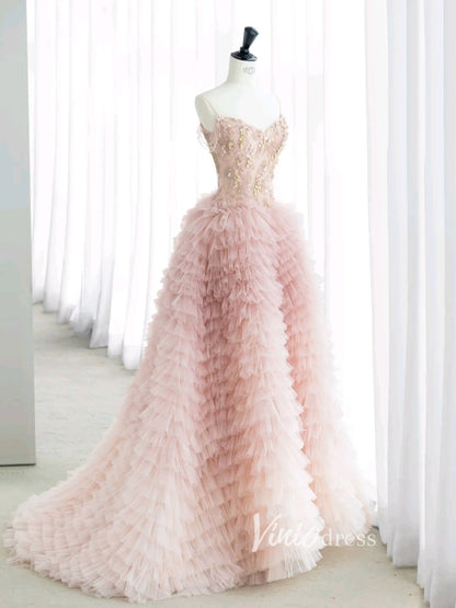 Blush Pink Ruffled Prom Dresses Beaded Spaghetti Strap Ombre Wedding Dresses FD3414-prom dresses 2025 -Viniodress-Blush Pink-Custom Size-