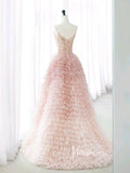 Blush Pink Ruffled Tulle Formal Dresses Beaded Spaghetti Strap Prom Ball Gown FD3414-prom dresses-Viniodress-Viniodress