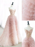 Blush Pink Ruffled Tulle Formal Dresses Beaded Spaghetti Strap Prom Ball Gown FD3414-prom dresses-Viniodress-Viniodress