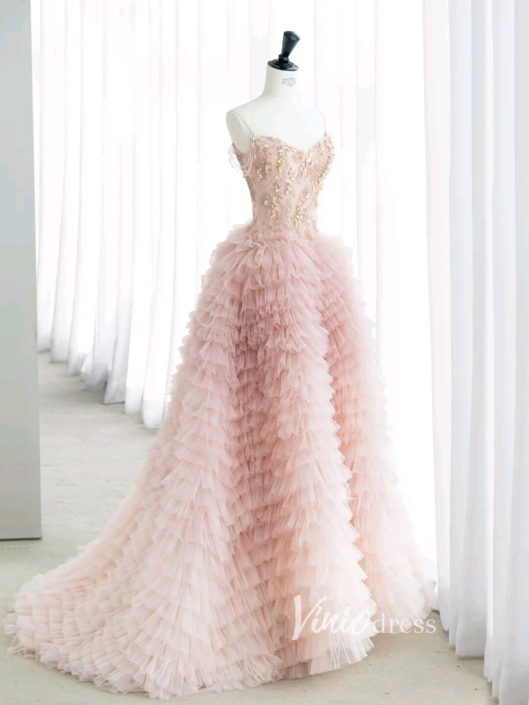 Blush Pink Ruffled Tulle Formal Dresses Beaded Spaghetti Strap Prom Ball Gown FD3414-prom dresses-Viniodress-Blush Pink-Custom Size-Viniodress