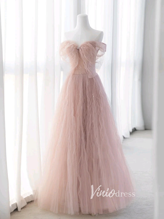 Blush Pink Ruffled Tulle Prom Dresses Off the Shoulder Formal Gown FD3413-prom dresses 2025 -Viniodress-Blush Pink-Custom Size-