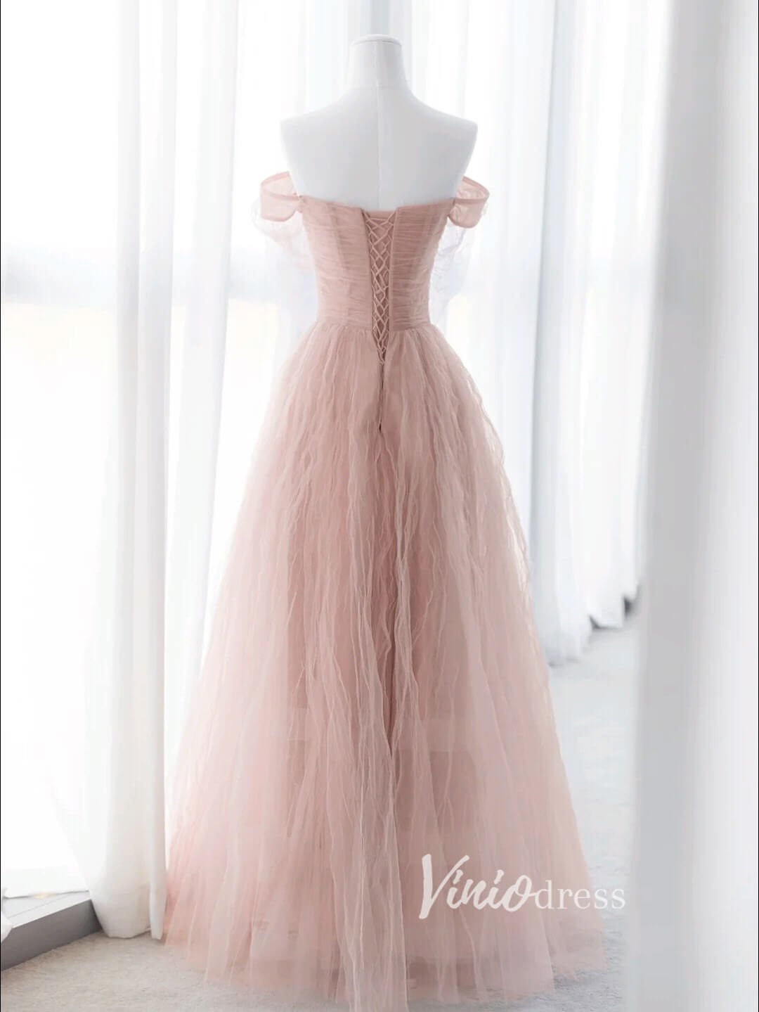 Blush Pink Ruffled Tulle Prom Dresses Off the Shoulder Formal Gown FD3413-prom dresses 2025 -Viniodress-Blush Pink-Custom Size-