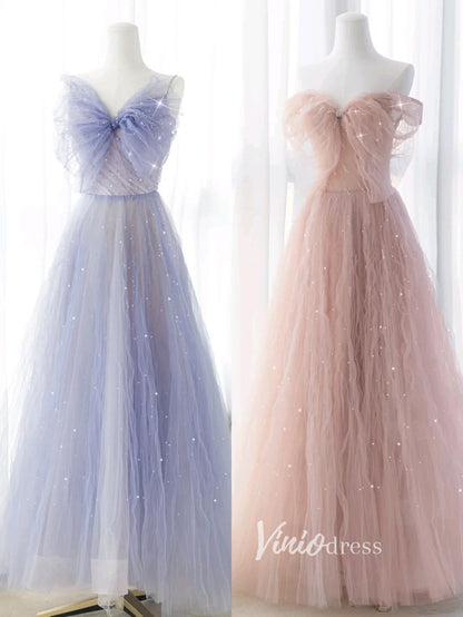 Blush Pink Ruffled Tulle Prom Dresses Off the Shoulder Formal Gown FD3413-prom dresses 2025 -Viniodress-Blush Pink-Custom Size-