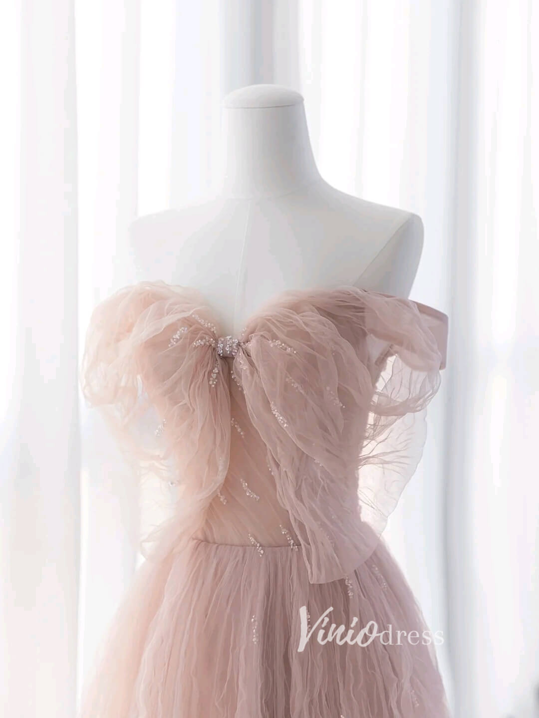 Blush Pink Ruffled Tulle Prom Dresses Off the Shoulder Formal Gown FD3413-prom dresses 2025 -Viniodress-Blush Pink-Custom Size-