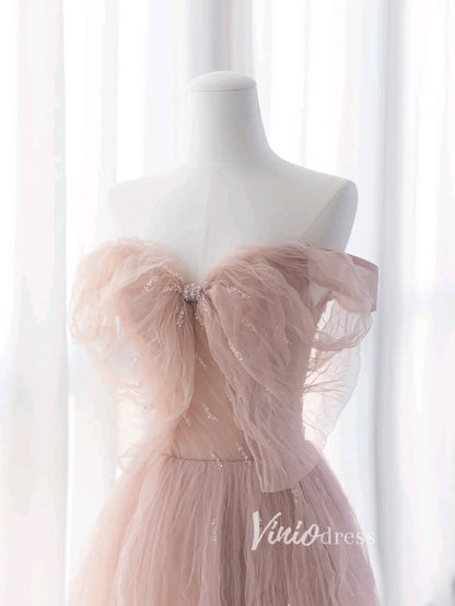 Blush Pink Ruffled Tulle Prom Dresses Off the Shoulder Formal Gown FD3413-prom dresses 2025 -Viniodress-Blush Pink-Custom Size-