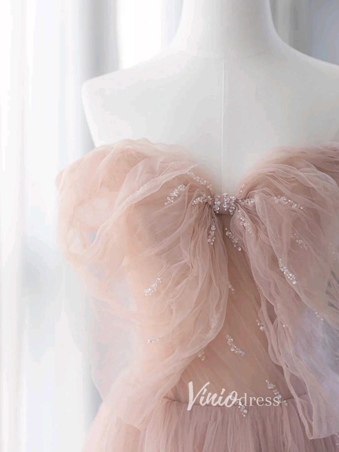 Blush Pink Ruffled Tulle Prom Dresses Off the Shoulder Formal Gown FD3413-prom dresses 2025 -Viniodress-Blush Pink-Custom Size-