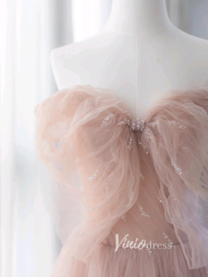 Blush Pink Ruffled Tulle Prom Dresses Off the Shoulder Formal Gown FD3413-prom dresses 2025 -Viniodress-Blush Pink-Custom Size-