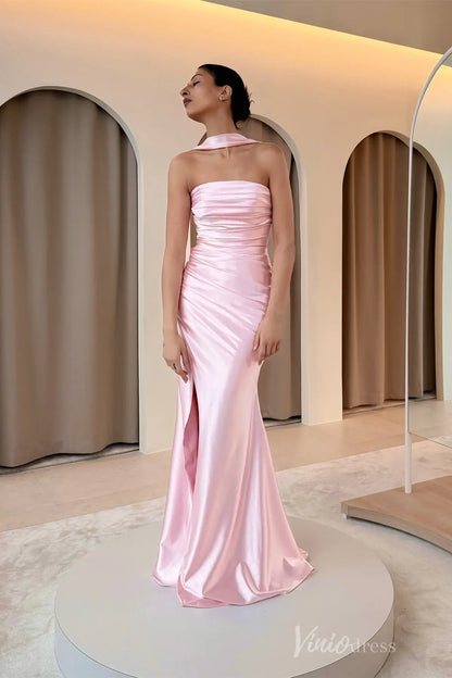 Blush Pink Satin Prom Dress with Strapless-Look Halter Neckline, Ruched Bodice and High Slit – SS037-prom dresses 2025 -Viniodress-Blush-Custom Size-