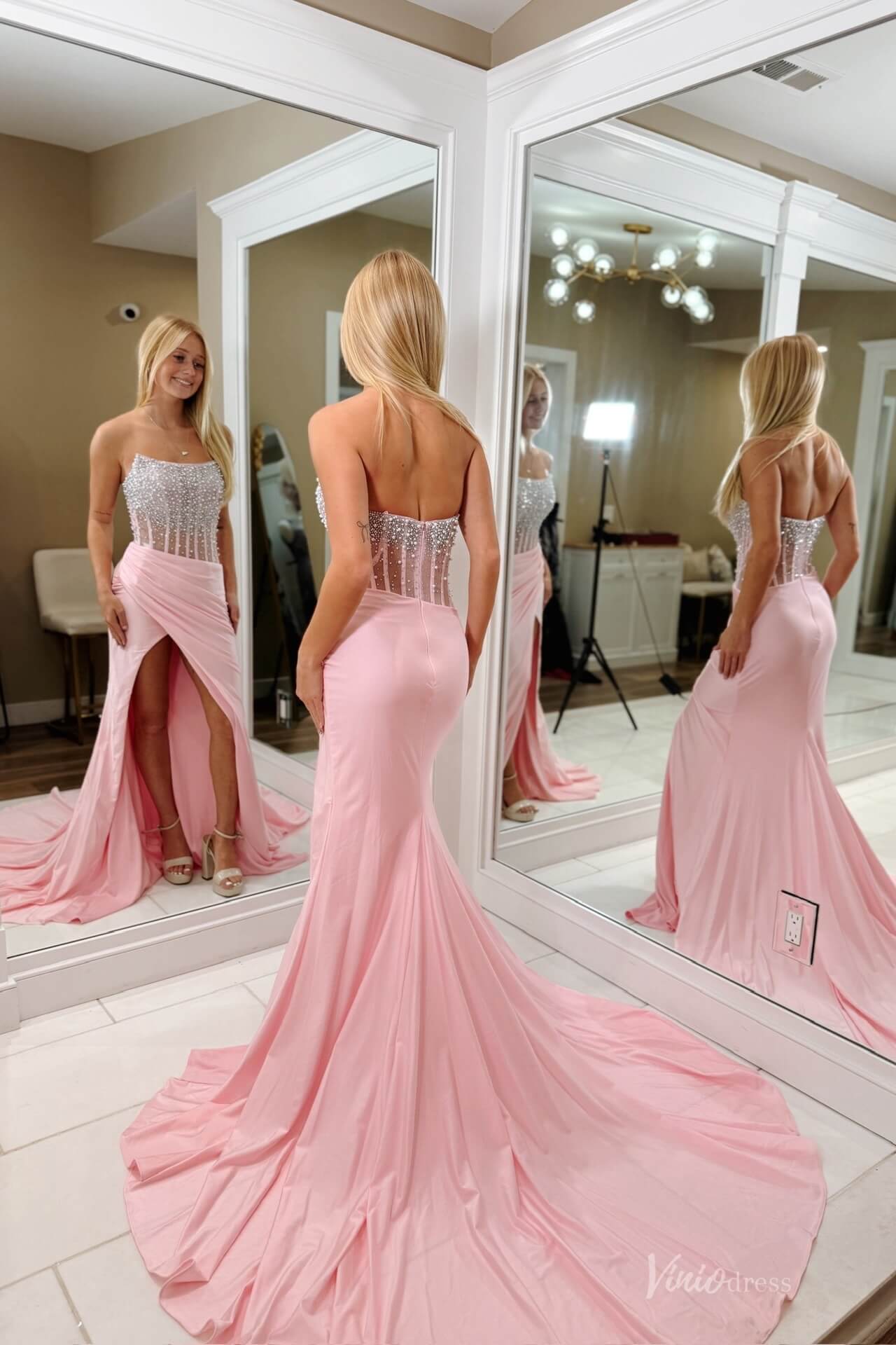 Blush Pink Satin Mermaid Prom Dress with Strapless Beaded Bodice & High Slit – SS142-Evening Dresses 2026-Viniodress-Blush-Custom Size-