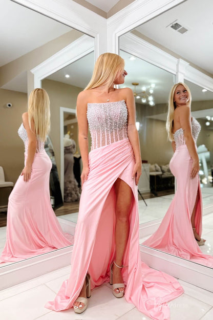 Blush Pink Satin Mermaid Prom Dress with Strapless Beaded Bodice & High Slit – SS142-Evening Dresses 2026-Viniodress-Blush-Custom Size-