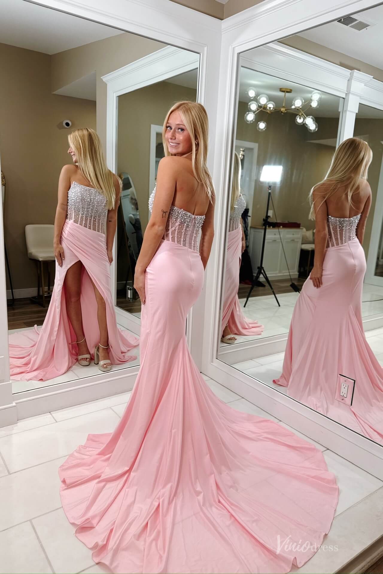 Blush Pink Satin Mermaid Prom Dress with Beaded Bodice & Slit SS142 Viniodress Blush Pink Satin Mermaid Prom Dress with Beaded Bodice & Slit SS142 Viniodress