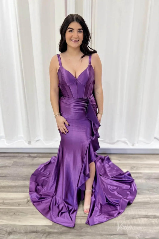 Blush Pink Satin Mermaid Prom Dress with Structured Bodice, Bow Back Drape & Ruffle Slit – SS165-prom dresses 2026-Viniodress-Purple-Custom Size-
