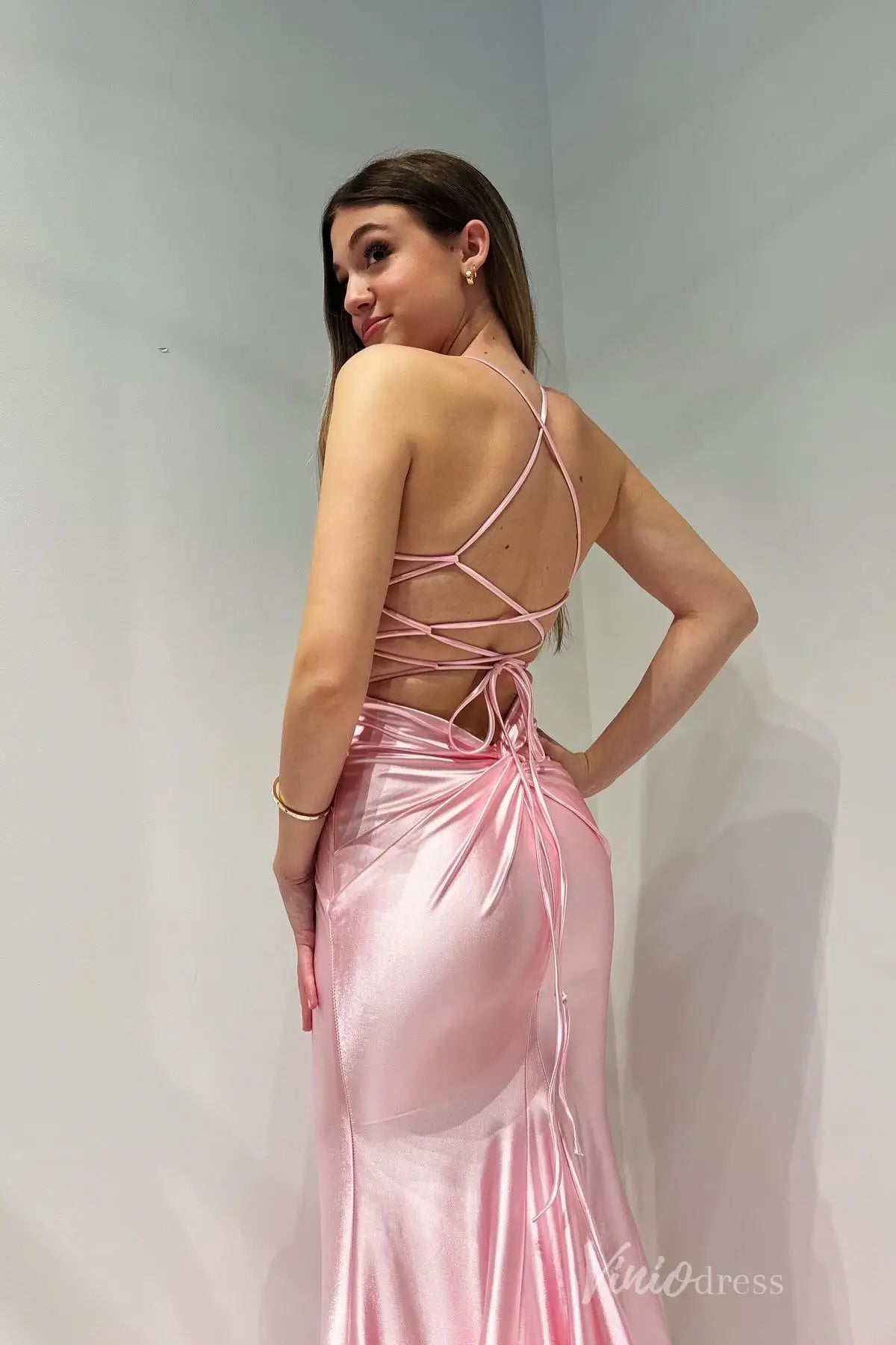 Blush Pink Satin Prom Dress with Spaghetti Straps, Corset Bodice, Lace-Up Back – SS005-bridesmaid dresses 2025 -Viniodress-Blush-Custom Size-