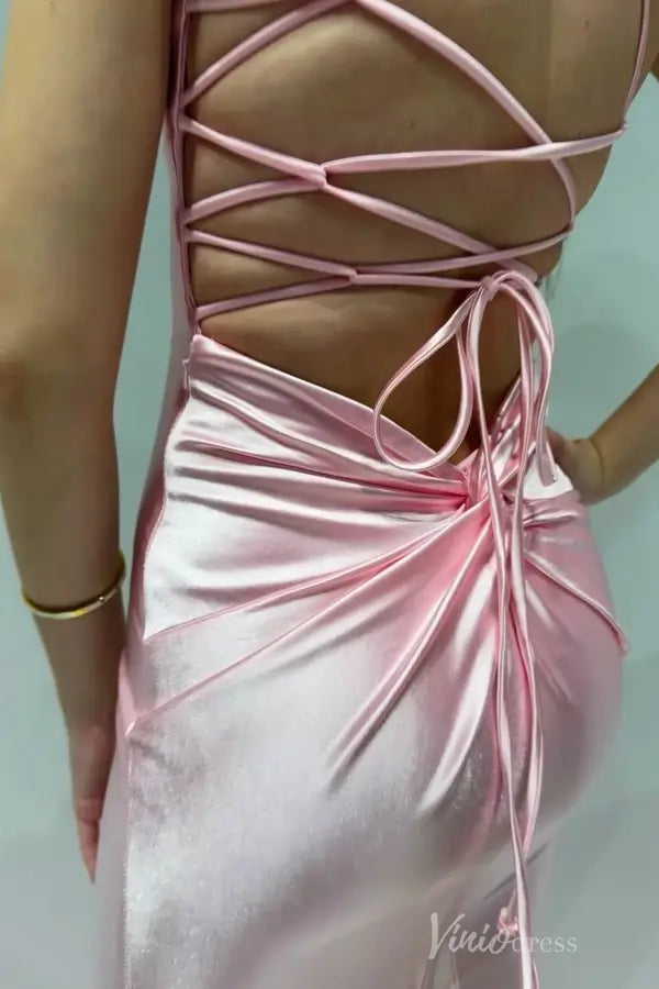 Blush Pink Satin Prom Dress with Spaghetti Straps, Corset Bodice, Lace-Up Back – SS005-bridesmaid dresses 2025 -Viniodress-Blush-Custom Size-