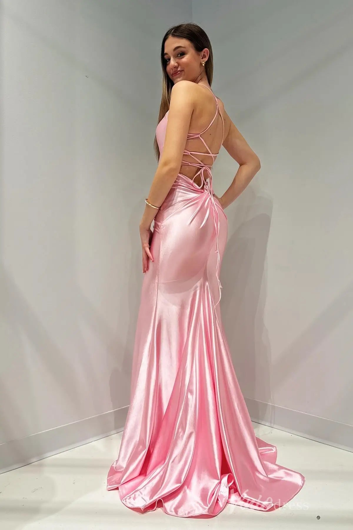 Blush Pink Satin Prom Dress with Spaghetti Straps, Corset Bodice, Lace-Up Back – SS005-bridesmaid dresses 2025 -Viniodress-Blush-Custom Size-