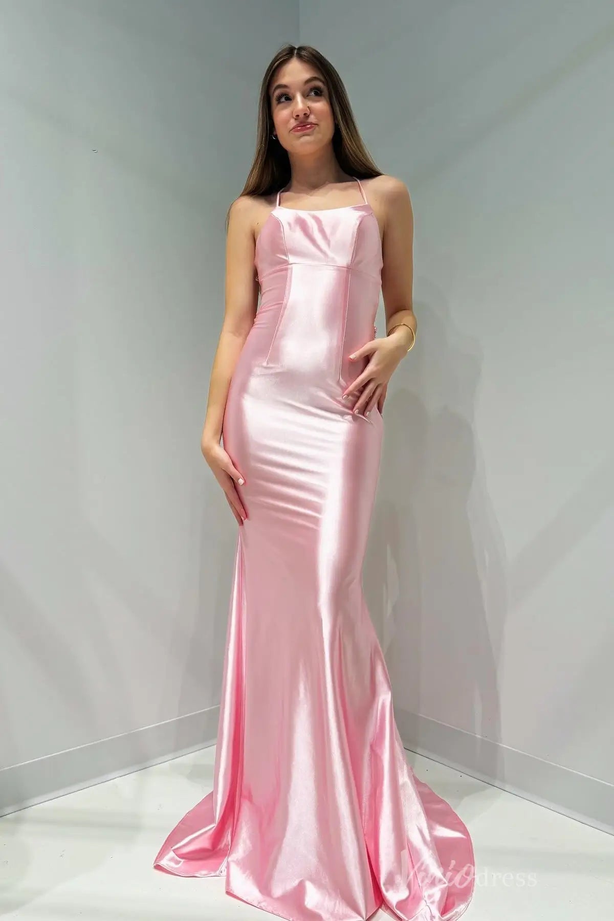 Blush Pink Satin Prom Dress with Spaghetti Straps, Corset Bodice, Lace-Up Back – SS005-bridesmaid dresses 2025 -Viniodress-Blush-Custom Size-