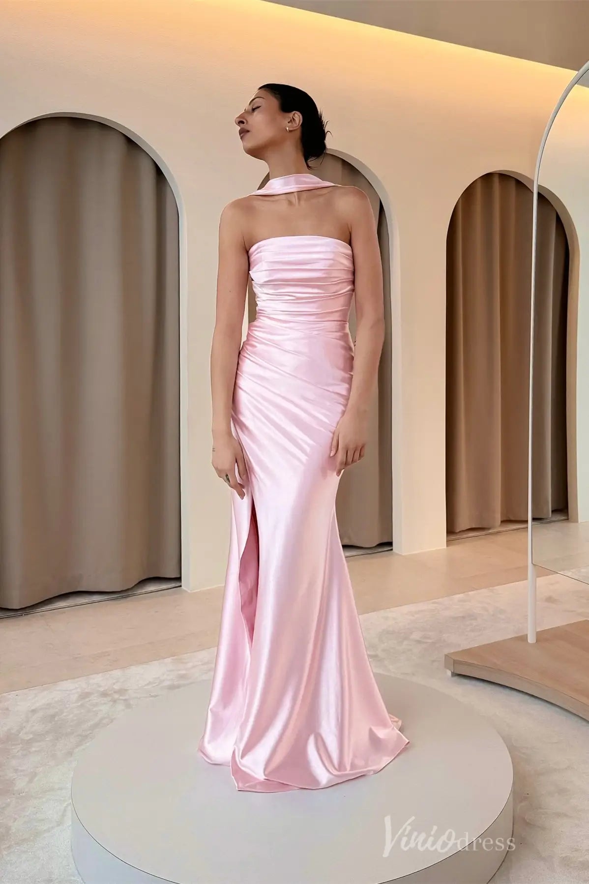 Blush Pink Satin Prom Dress with Strapless-Look Halter Neckline, Ruched Bodice and High Slit – SS037-prom dresses 2025 -Viniodress-Blush-Custom Size-