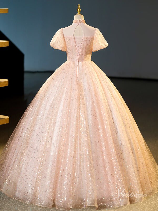 Blush Pink Sequin Lace Prom Ball Gown Puffed Sleeve High Neck Quinceanera Dresses BG070-prom dresses 2025 -Viniodress-Blush Pink-Custom Size-