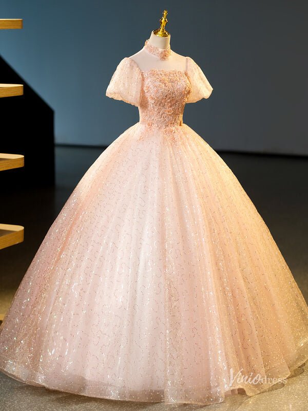 Blush Pink Sequin Lace Prom Ball Gown Puffed Sleeve High Neck Quinceanera Dresses BG070-prom dresses 2025 -Viniodress-Blush Pink-Custom Size-