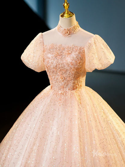 Blush Pink Sequin Lace Prom Ball Gown Puffed Sleeve High Neck Quinceanera Dresses BG070-prom dresses 2025 -Viniodress-Blush Pink-Custom Size-