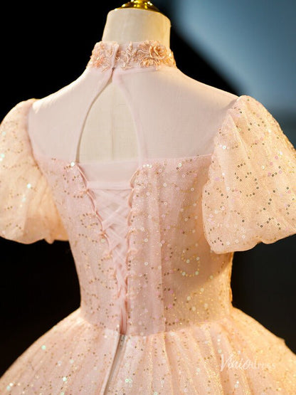 Blush Pink Sequin Lace Prom Ball Gown Puffed Sleeve High Neck Quinceanera Dresses BG070-prom dresses 2025 -Viniodress-Blush Pink-Custom Size-
