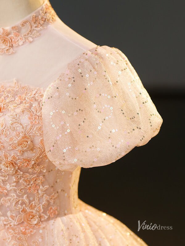 Blush Pink Sequin Lace Prom Ball Gown Puffed Sleeve High Neck Quinceanera Dresses BG070-prom dresses 2025 -Viniodress-Blush Pink-Custom Size-