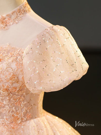Blush Pink Sequin Lace Prom Ball Gown Puffed Sleeve High Neck Quinceanera Dresses BG070-prom dresses 2025 -Viniodress-Blush Pink-Custom Size-