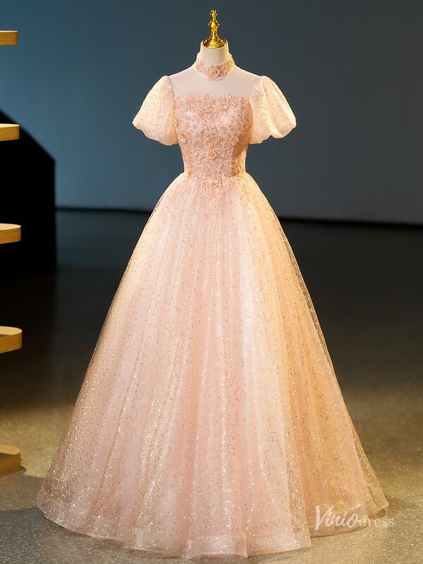 Blush Pink Sequin Lace Prom Ball Gown Puffed Sleeve High Neck Quinceanera Dresses BG070-prom dresses 2025 -Viniodress-Blush Pink-Custom Size-