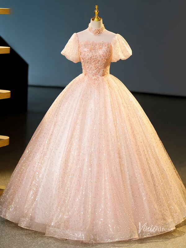 Blush Pink Sequin Lace Prom Ball Gown Puffed Sleeve High Neck Quinceanera Dresses BG070-prom dresses 2025 -Viniodress-Blush Pink-Custom Size-