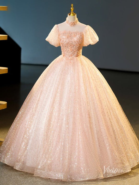 Blush Pink Sequin Lace Prom Ball Gown Puffed Sleeve High Neck Quinceanera Dresses BG070-prom dresses 2025 -Viniodress-Blush Pink-Custom Size-