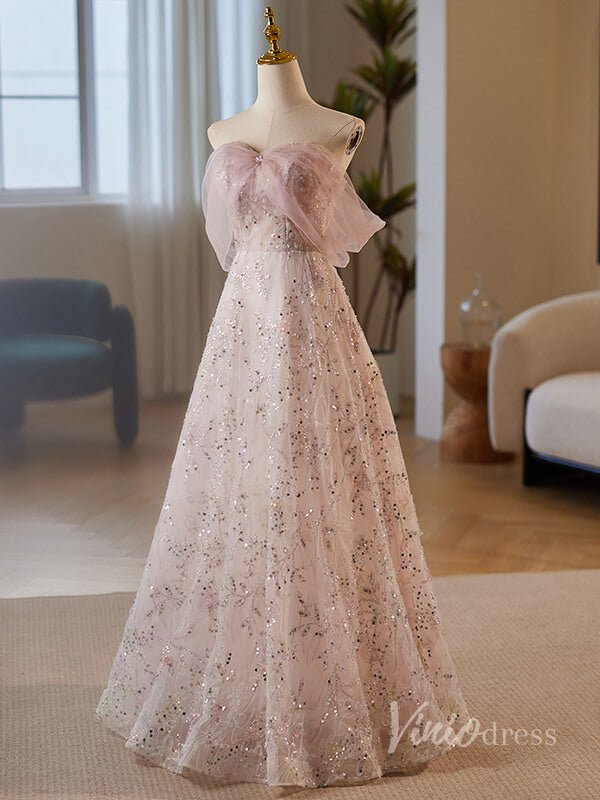 Blush Pink Sequin Lace Prom Dresses 2024 Bow Boidce Off the Shoulder 90033-prom dresses 2025 -Viniodress-Blush Pink-Custom Size-