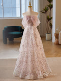Blush Pink Sequin Lace Prom Dresses 2024 Bow Boidce Off the Shoulder 90033