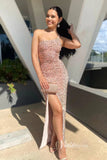 Prom Dress 2025 Blush Pink Sequin Prom Dresses with Slit Mermaid One Shoulder Evening Dress FD3312-unique prom dresses-Blush Pink-Custom Size-Viniodress