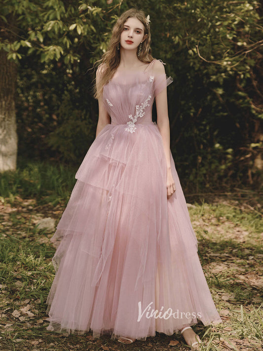Blush Pink Spaghetti Strap Prom Dresses Tiered Tulle Evening Dress FD3100-prom dresses 2025 -Viniodress-Blush Pink-Custom Size-