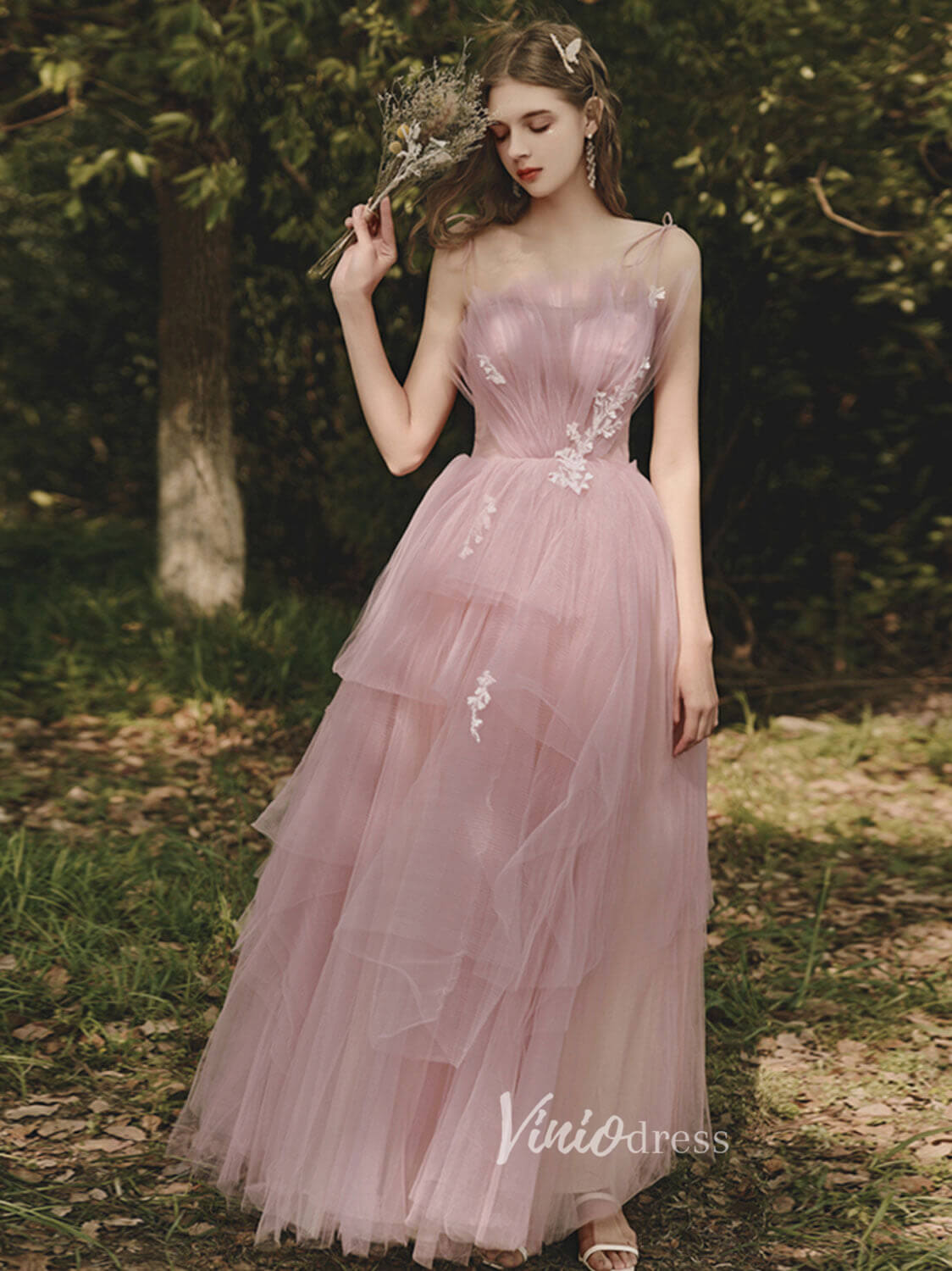 Prom Dress 2025 Blush Pink Spaghetti Strap Prom Dresses Tiered Tulle Evening Dress FD3100-unique prom dresses-Blush Pink-Custom Size-Viniodress