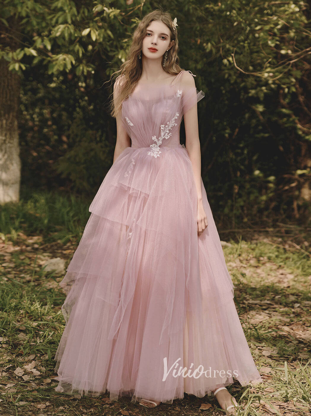 Prom Dress 2025 Blush Pink Spaghetti Strap Prom Dresses Tiered Tulle Evening Dress FD3100-unique prom dresses-Blush Pink-Custom Size-Viniodress