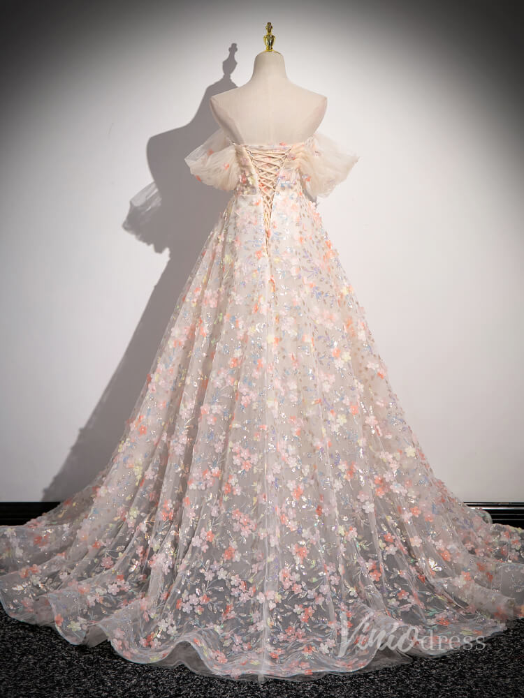 Blush Pink Sparkly Floral Lace Prom Dresses 2024 Off the Shoulder 90021-prom dresses 2025 -Viniodress-Blush Pink-Custom Size-