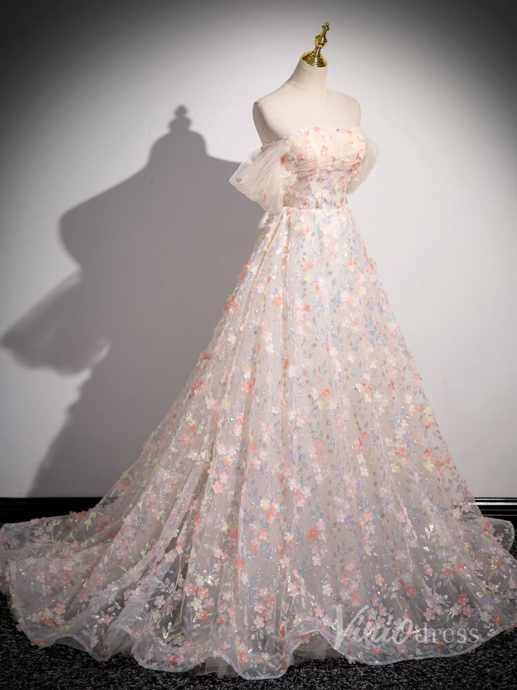 Blush Pink Sparkly Floral Lace Prom Dresses 2024 Off the Shoulder 90021-prom dresses 2025 -Viniodress-Blush Pink-Custom Size-