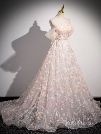 Blush Pink Sparkly Floral Lace Prom Dresses 2024 Off the Shoulder 90021-prom dresses 2025 -Viniodress-Blush Pink-Custom Size-