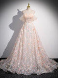 Blush Pink Sparkly Floral Lace Prom Dresses 2024 Off the Shoulder 90021