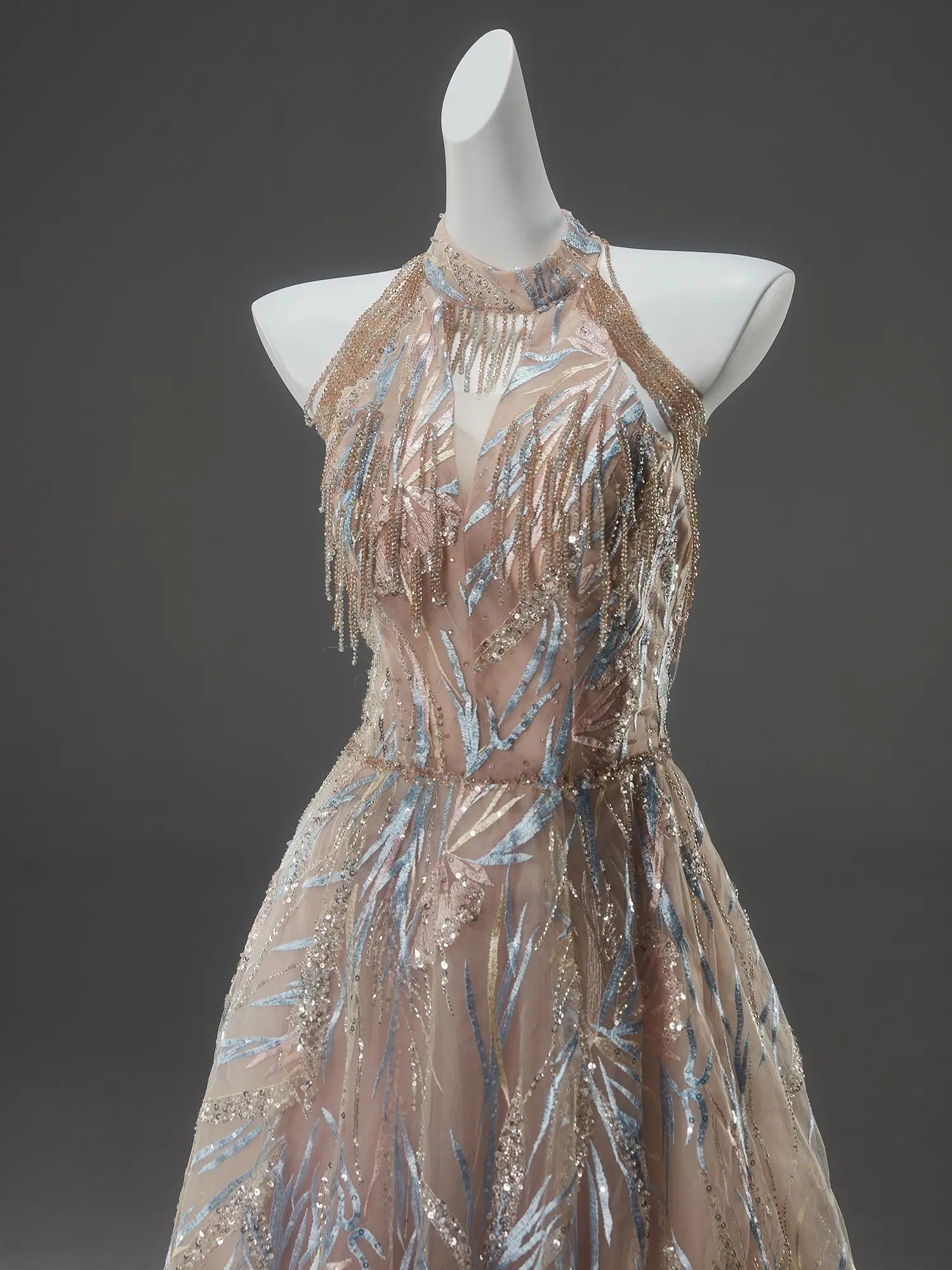 Blush Pink Sparkly Lace Prom Dresses with Halter Neck, Crystal String & Open Back - CQ0142-Couture Gown 2025 -Viniodress-Blush Pink-Custom Size-